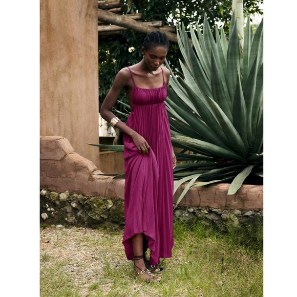 Purple Pleated Maxi Babydoll Dress Open Back Flowy Skirt Tie Straps - Picture 7 of 10